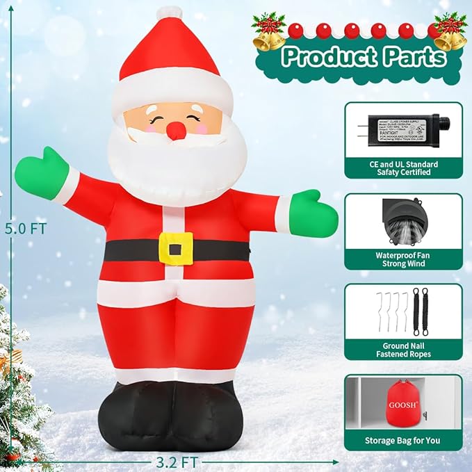 GOOSH 5 FT Christmas Inflatables Santa Claus Standing Santa with Built-in LEDs