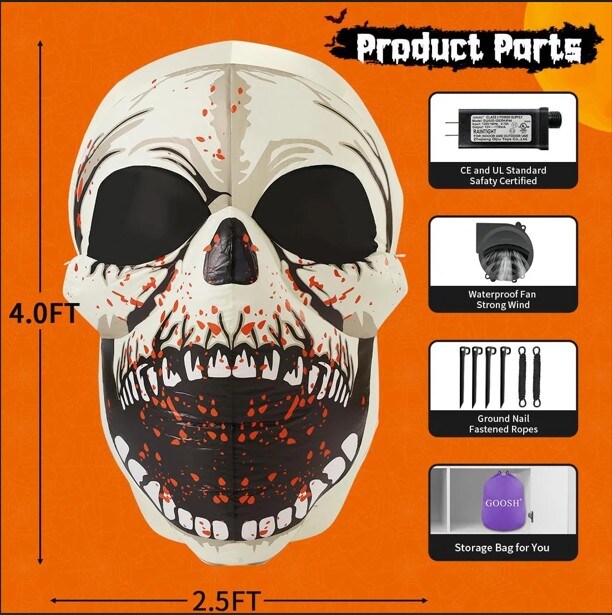 GOOSH 4 FT Halloween Inflatables Skull Decorations Blow Up Yard Scary Colorful Dimming Skull