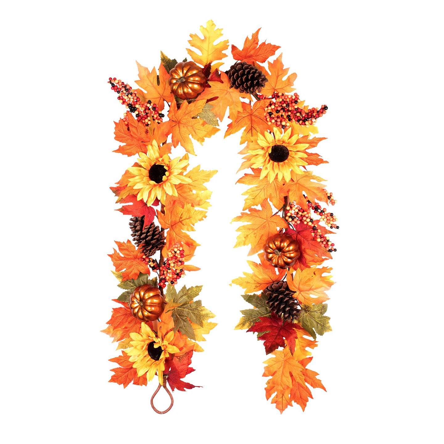 Haute Decor 6 Foot Long Fall Sunflower Artificial Garland with Real Pinecones, Faux Berries, Autumn Leaves and Painted Pumpkins