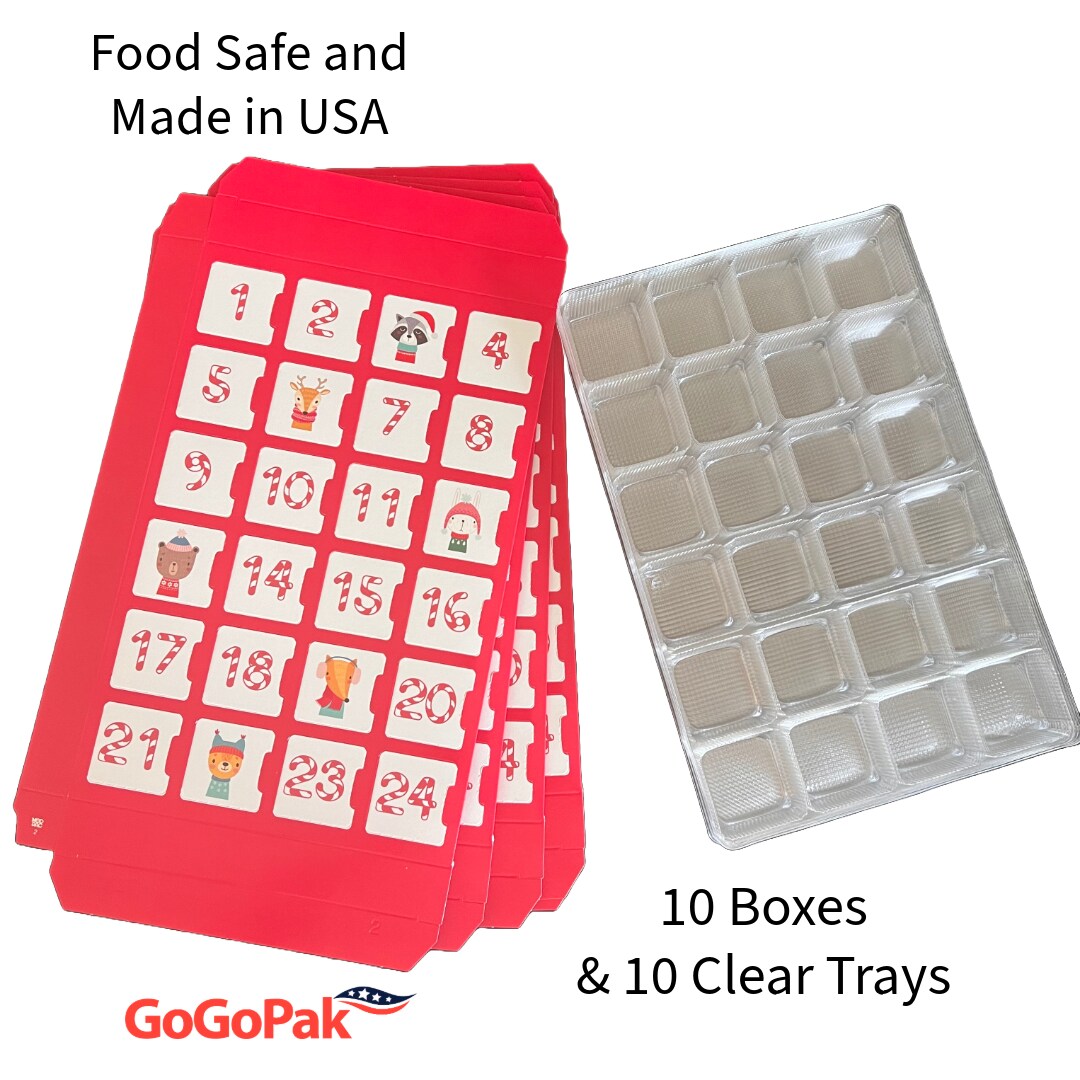 Made in USA - 10 Sets - Fillable (Empty) Advent Calendar Candy Boxes and Trays - Candy Cane - 10 Boxes and 10 Clear Trays - Food Safe