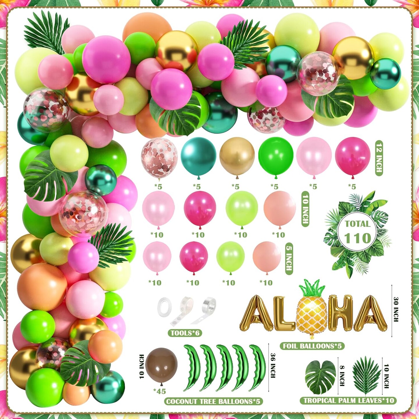 Tropical Luau Balloons Arch Garland Kit With Palm Leaves, Flamingo, Palm Tree, Aloha Foil Balloon, Coconut Balloons Set (Aloha-A)