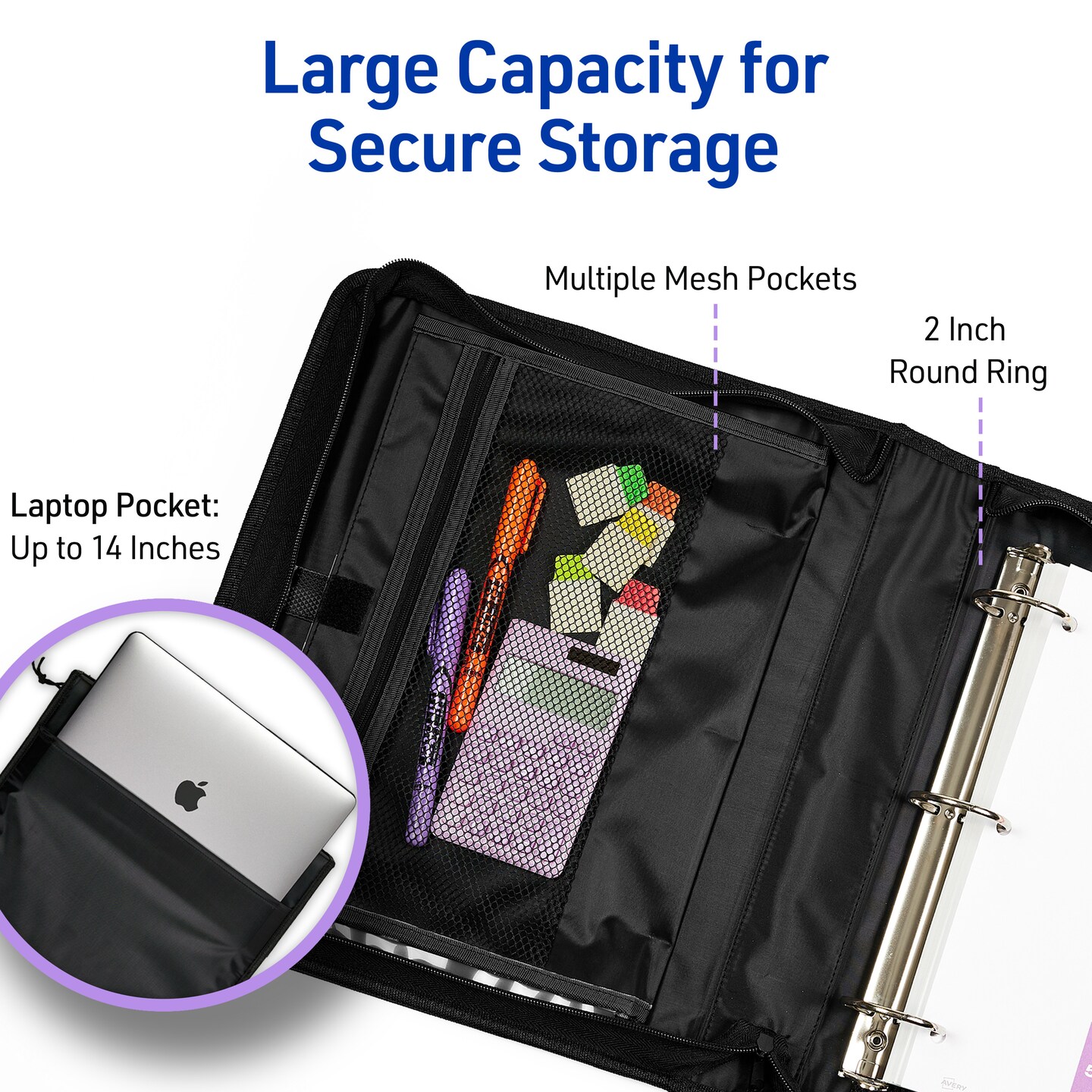Avery Zipper 3 Ring Binder, 2" Round Rings, 375-Sheet Capacity, 2.8-Inch Wide Spine, Available in Purple or Black Binder, Color Received Will Vary (26076)