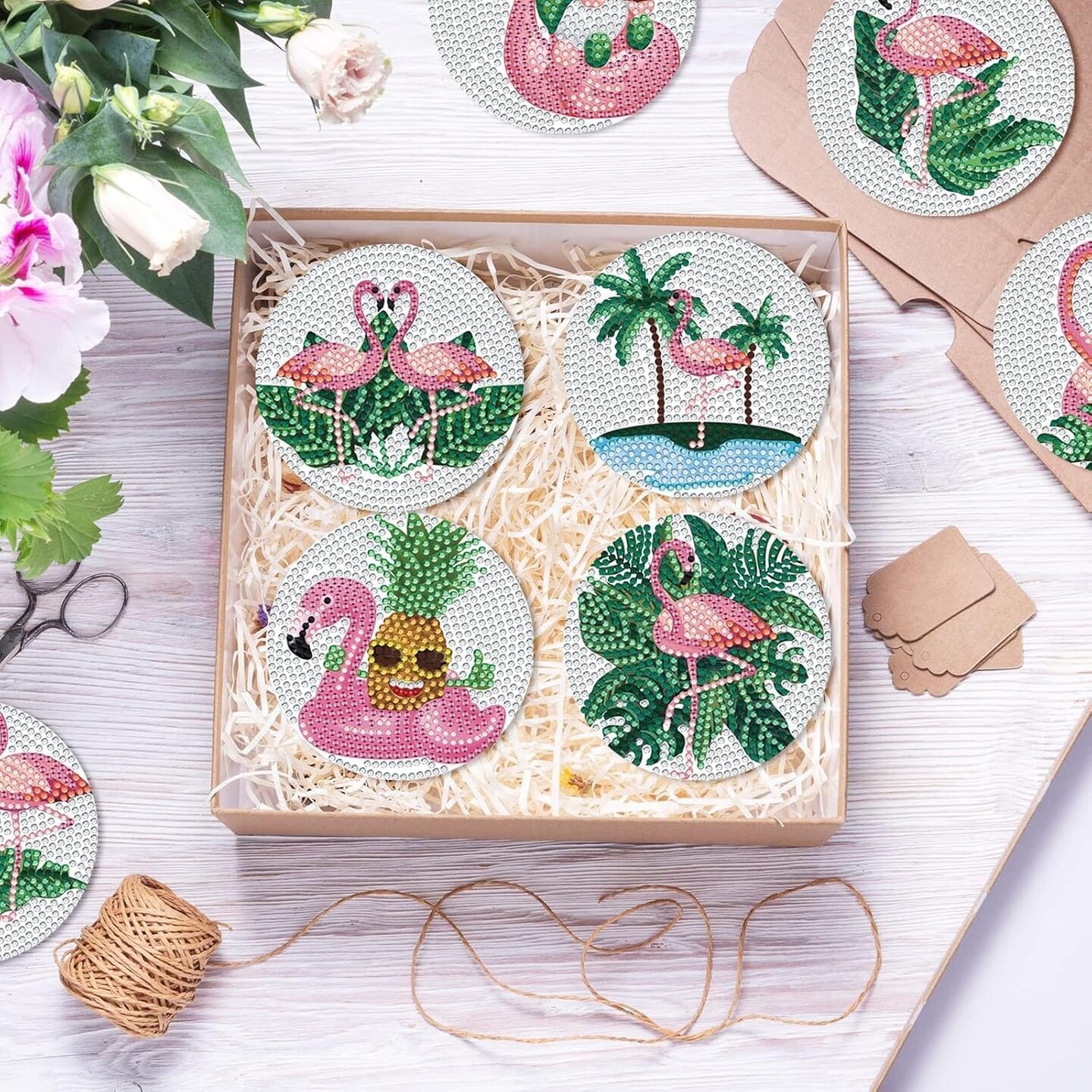 8 Pcs Summer Flamingo Diamond Coasters with Holder