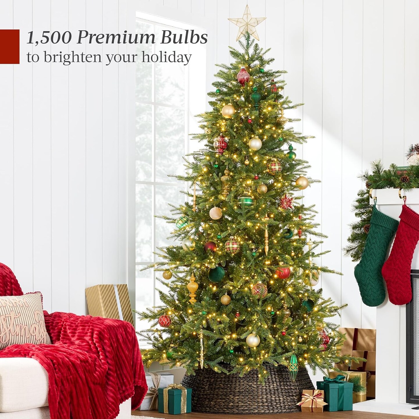 Pre Lit Aspen Noble Fir Christmas Tree, 1,500 Twinkling Micro LED Lights, 3,000 Branch Tips, Cordless Setup, Full &#x26; Realistic