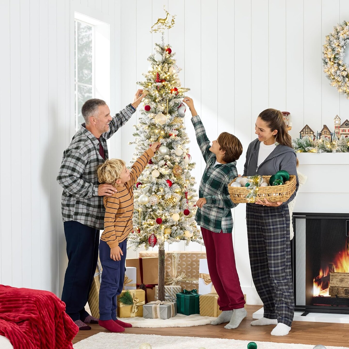 Flocked Pencil Christmas Tree Slim Alpine Green Tree with 250 LED Lights, Snowy Branches &#x26; Metal Stand