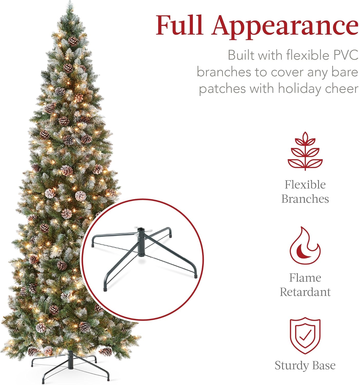 Pencil Christmas Tree Slim Frosted Tree with 250 Lights &#x26; Foldable Stand for Space Saving Holiday Decor
