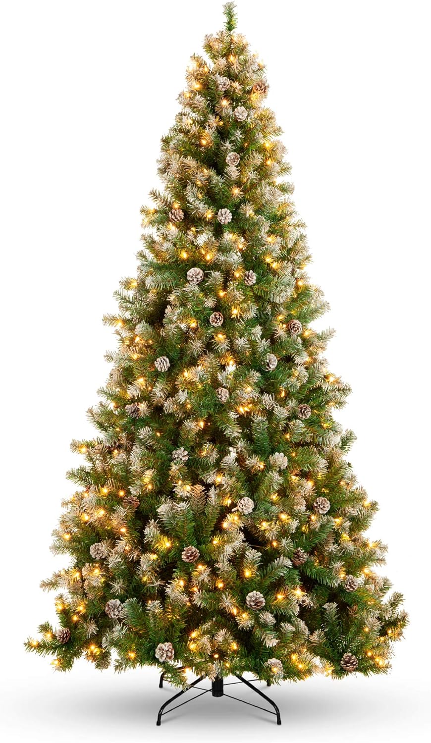 Pre Lit Pre Decorated Pine Artificial Christmas Tree Frosted 1,000 Tips with Pine Cones, 250 Lights &#x26; for Indoor Holiday Decor
