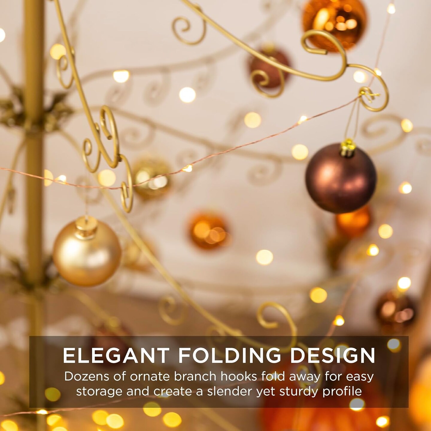 Gold Wrought Iron Ornament Display Christmas Tree Foldable Stand, & Metal Frame for Indoor Holiday Decor