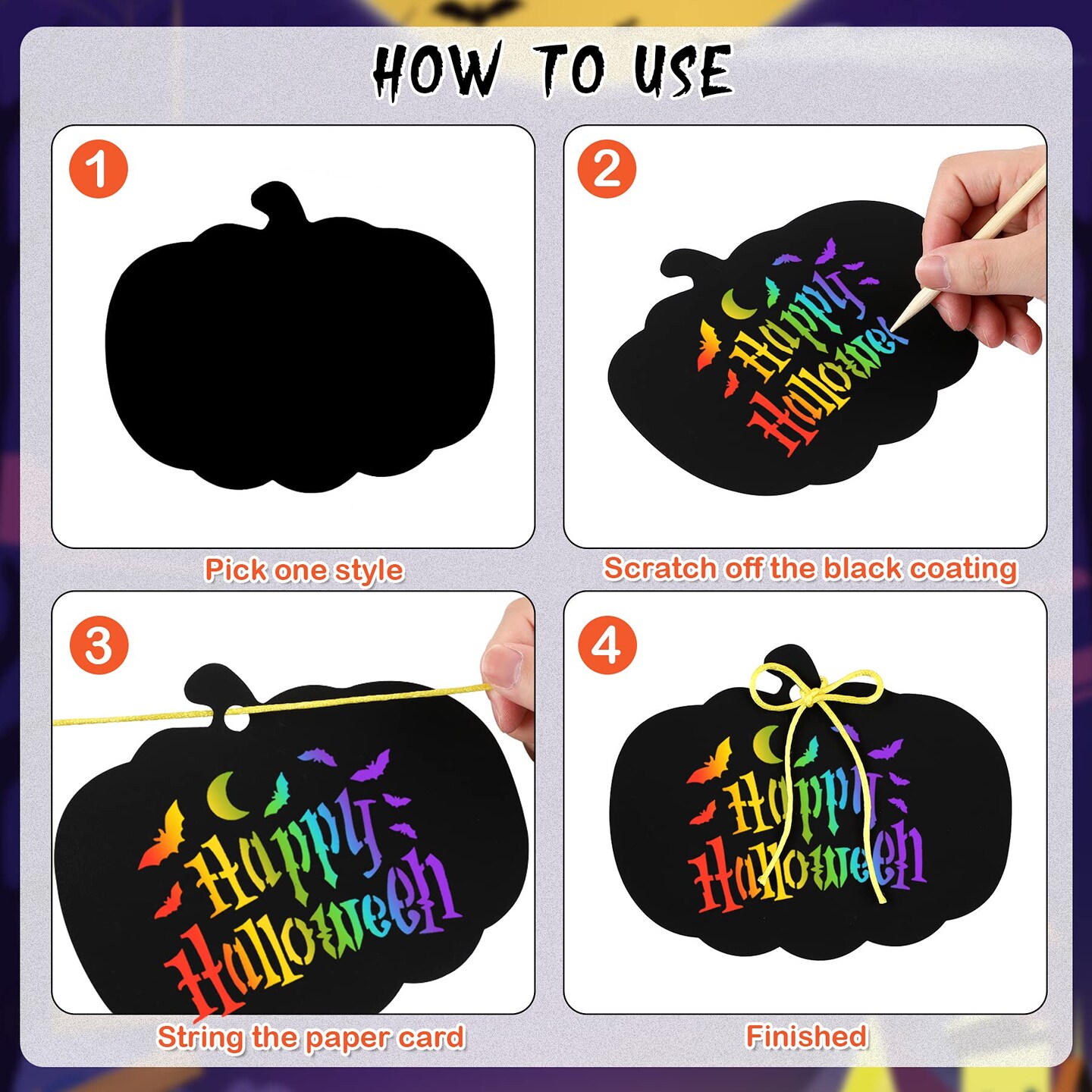 36 Pieces Halloween Scratch Paper Crafts Kit Bulk of Halloween Pumpkins Magic Rainbow Scratch Art for Kids DIY Party Ornaments Halloween Decor with 12 Wooden Sticks and 36 Colorful Ribbons