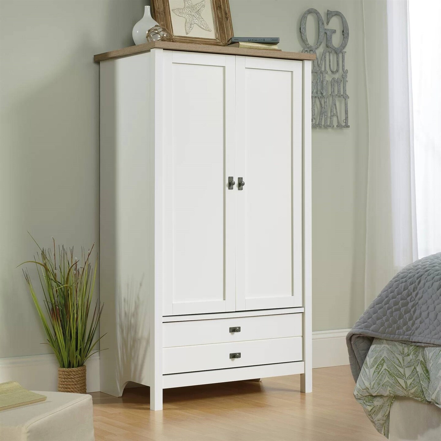 Farmhouse Bedroom Armoire Cabinet with Bottom Storage Drawer in White Wood Finish