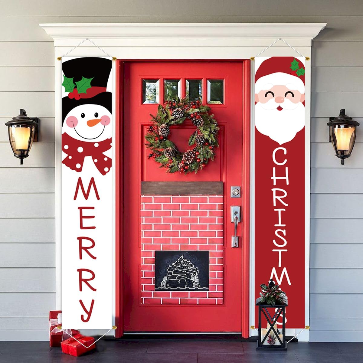 Christmas 2pc Outdoor Yard Banner, Red White Santa Snowman,71x13 inches(Red White)