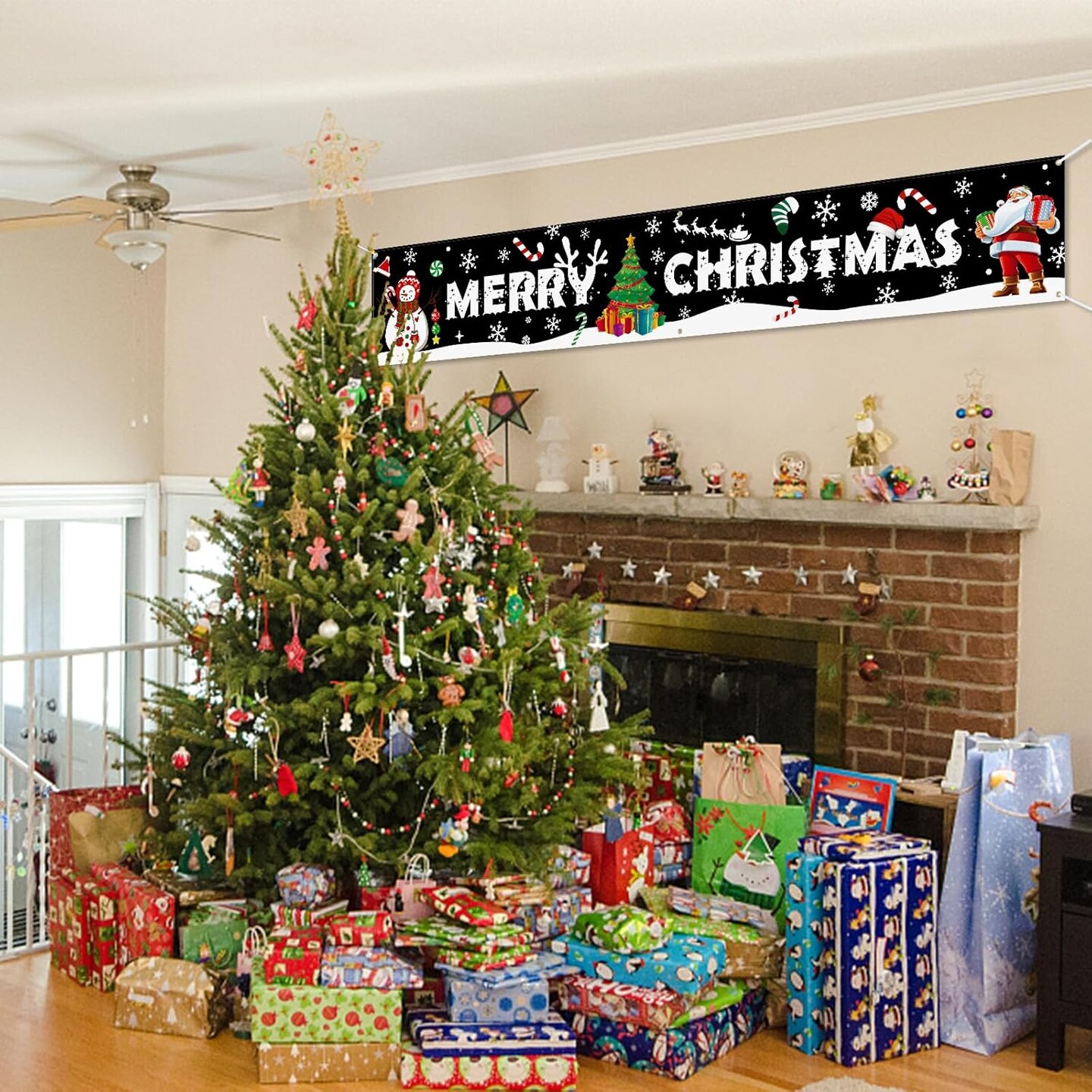 Large Merry Christmas Banner 120" x 20" Double Printed Xmas Decoration Snowman(Multicolor)120"L x 20"W