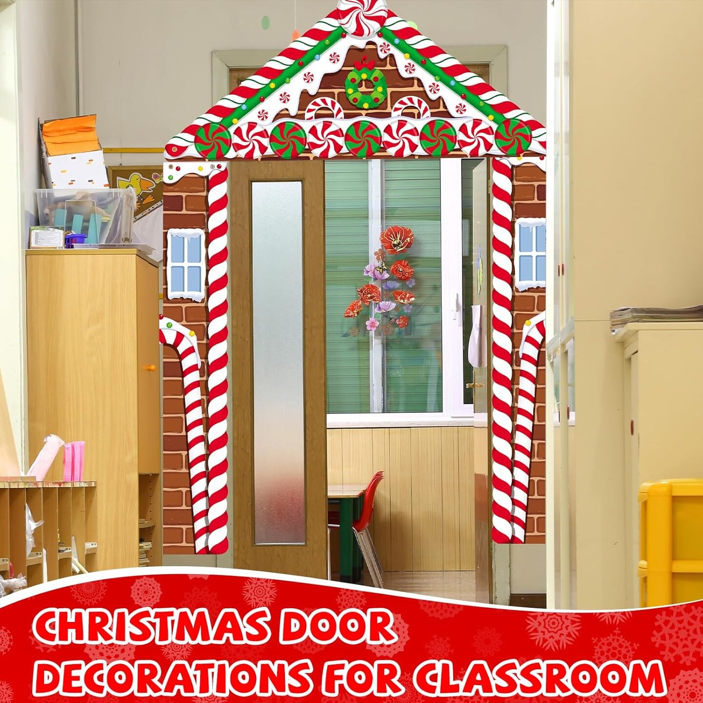71 Inch 3 Pcs Christmas Door Decorations for Classroom Gingerbread Party Porch Banner(Red-white-brown)78.74 x 9.84 x 0.03 inches