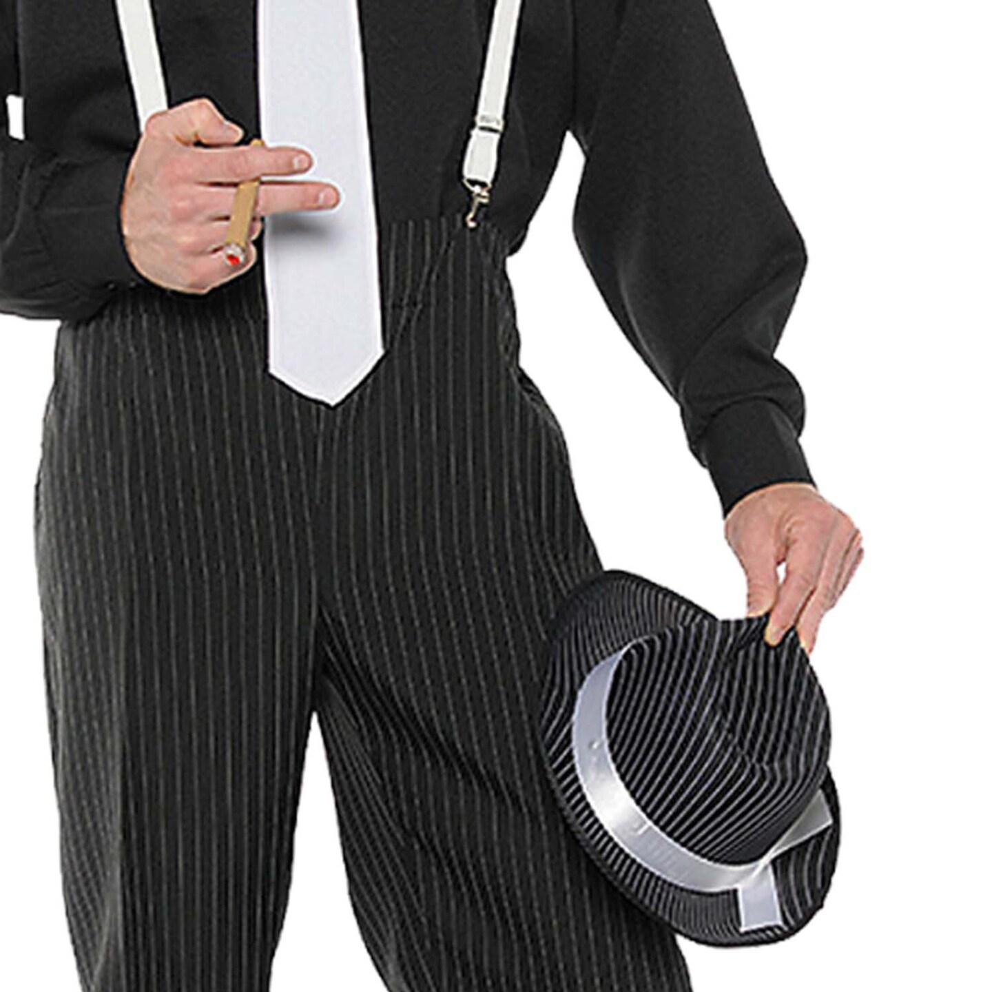 Men’s Gangster Costume with Pinstripe Pants White Tie and Suspenders for Halloween