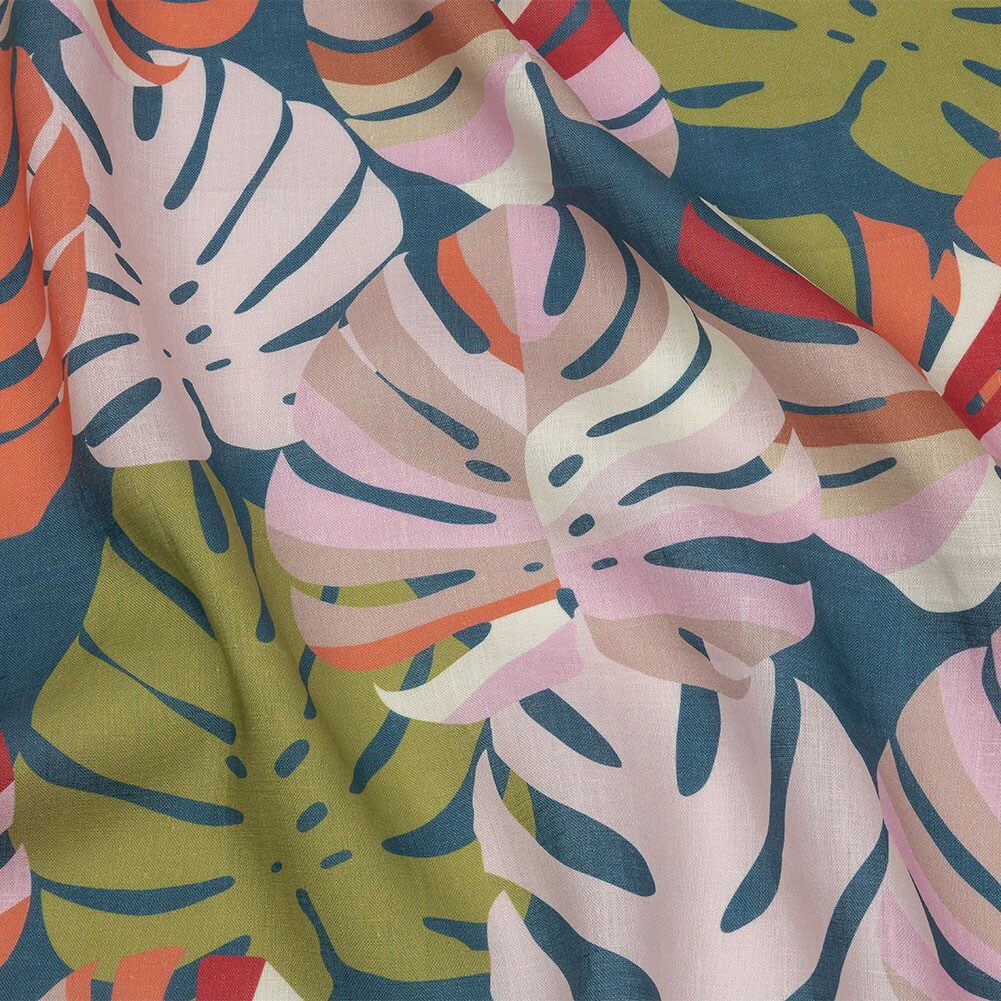 1 Yard Blush Lime and Indigo Palm Leaf Pop Medium Weight Linen Woven Fabric