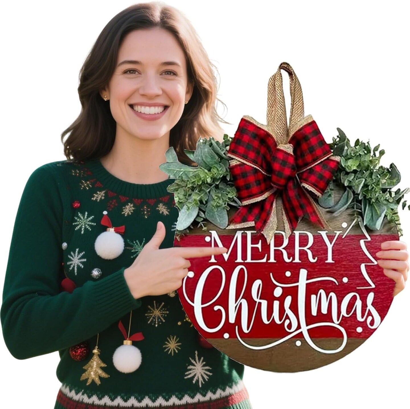 Merry Christmas Hanging Sign for Front Door(Merry Christmas Wreath)