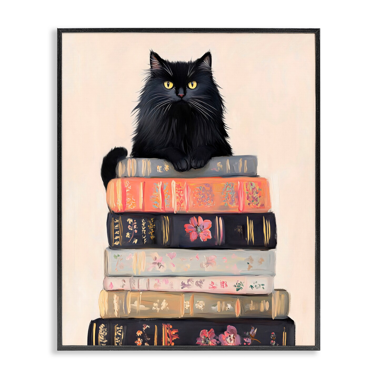 Stupell Industries Book Stack Black Cat Black Framed Giclee Art, design by Arlington Prints