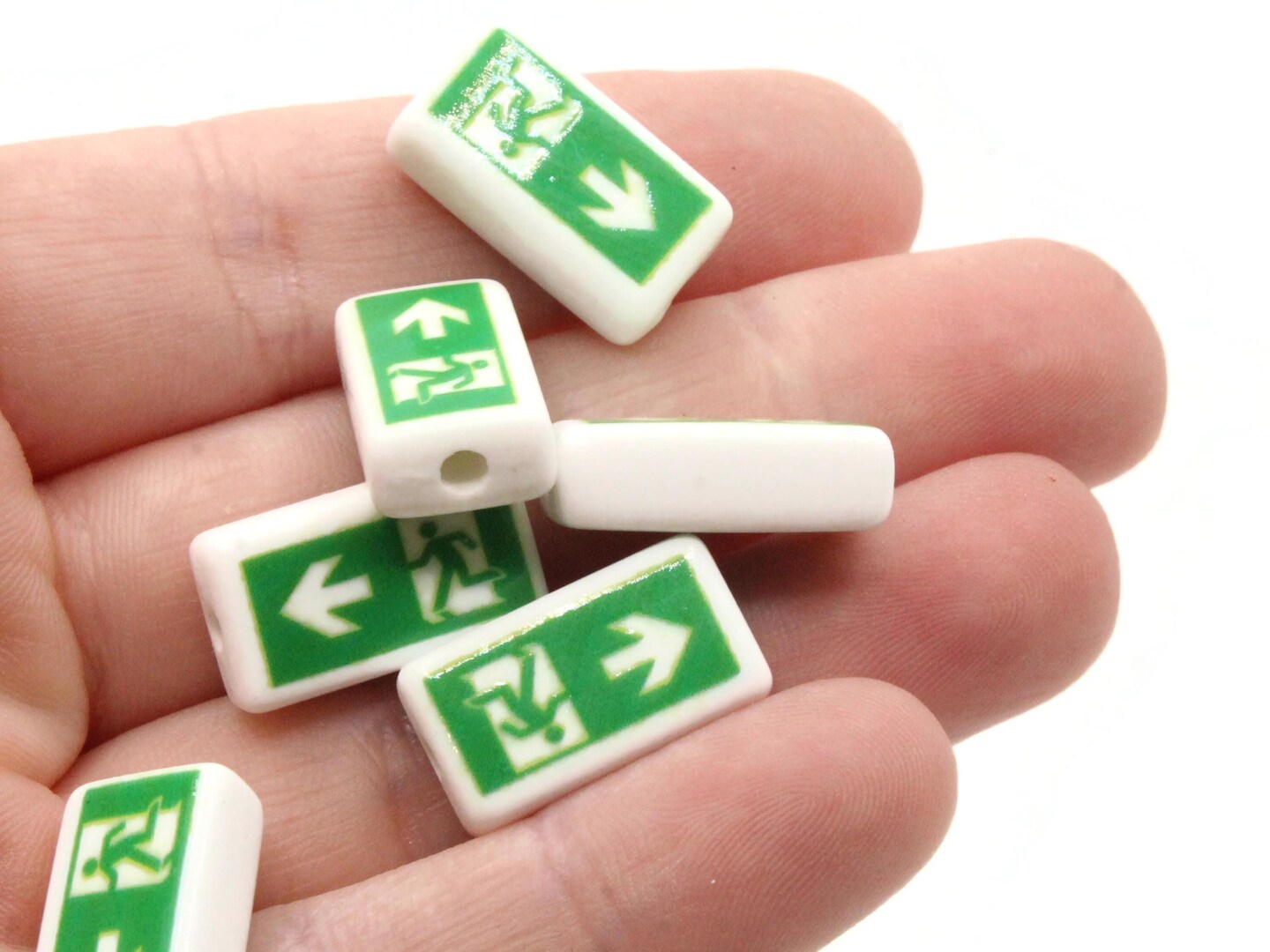 10 18mm Flat Rectangle Emergency Exit Beads White and Green Beads Plastic Beads to String