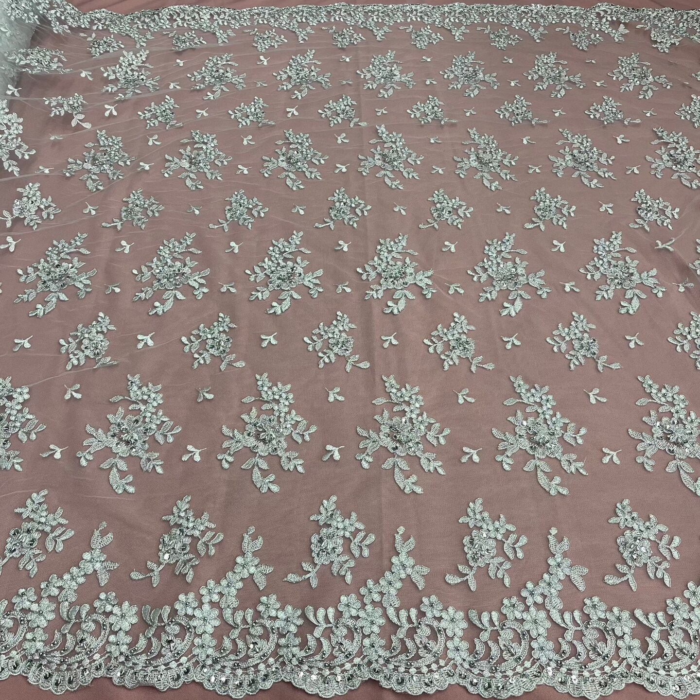 1 Yard Luxurious Beaded and Corded Bridal Lace Fabric Embroidered on 100% Polyester Net Mesh 52 inch Width