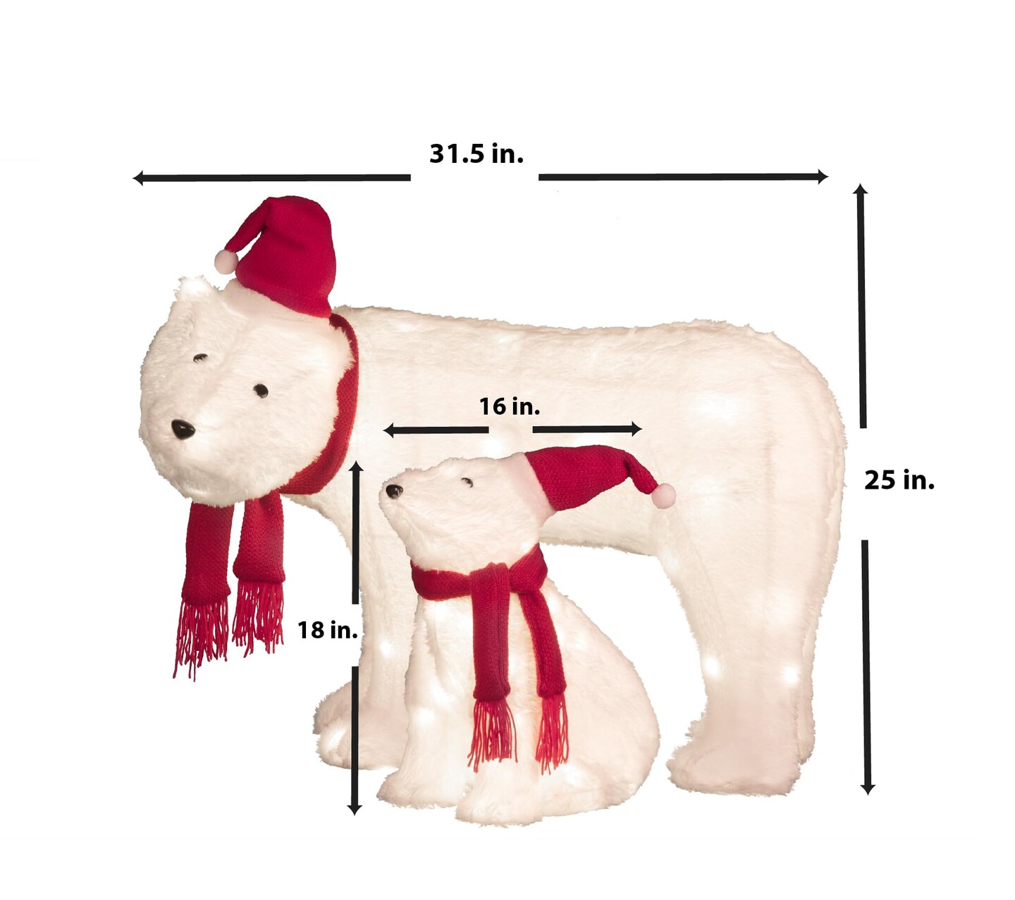 Haute Decor Mama and Baby Polar Bear (Set of 2) Easy Setup Outdoor Lighted Christmas Yard Decor with 50 Warm White LED Lights and Classic Red and White Hat and Scarf