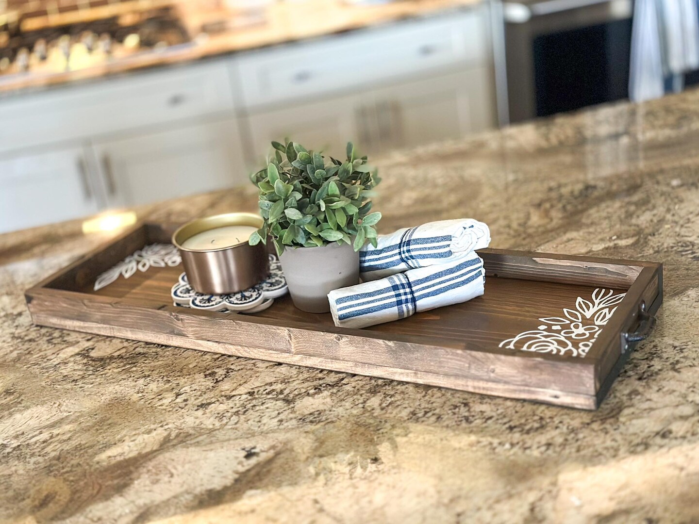 Wood Box Tray with Handles, for kitchen islands, counters and