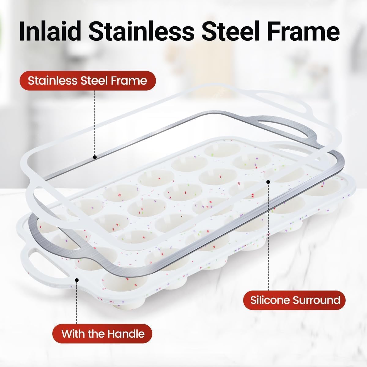 Silicone Mini Muffin Pan, Metal Reinforced Frame 24 Cups Nonstick Mini Cupcake Pans with Handles Easy to Move for Baking Mini Muffin, Cupcake, Egg Bites Oven Safe, 2 Pack Confetti