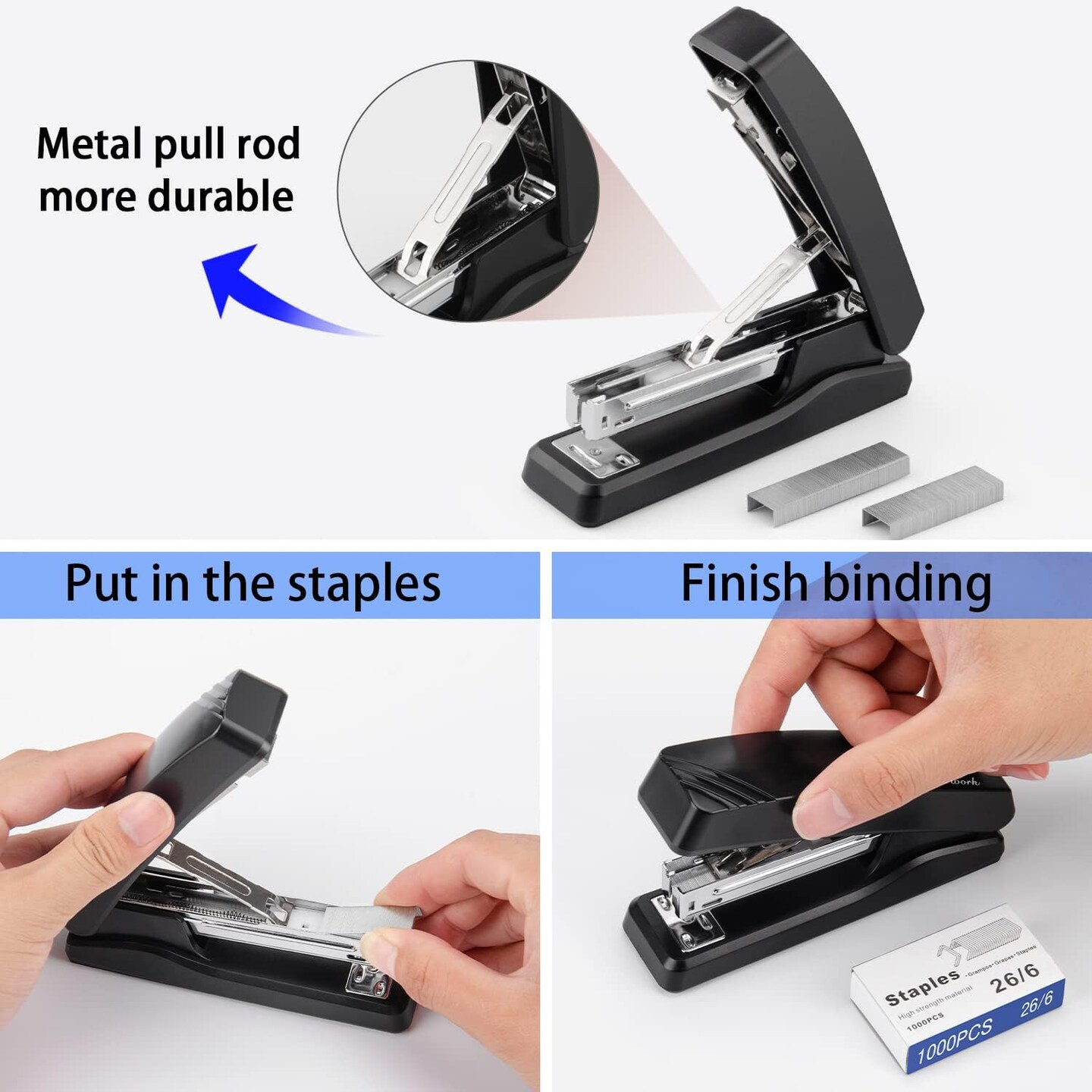 Desktop Office Stapler with 2000 Staples: Half Strip Desk Staplers, take 26/6 Staples 25 Sheets Capacity, Metal Construction, Non-Slip Base, Black, 2-Pack