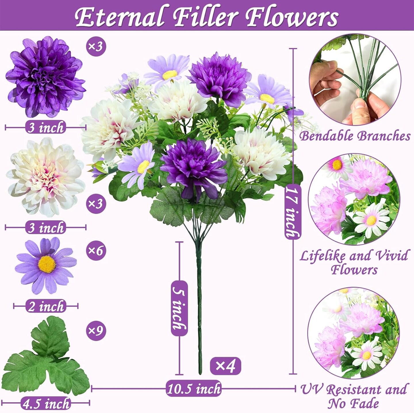 44-Head Artificial Dahlia & Daisy Flowers – 4 Bunches, 17-Inch Faux Mum Bouquet, UV-Resistant Outdoor & Indoor Decor for Home, Cemetery, Garden, Spring/Summer (Purple)