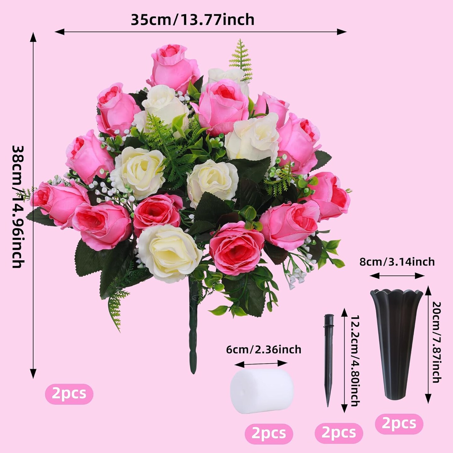 Set of 2 Artificial Cemetery Flowers with Vase – Memorial Flower Bouquet for Grave, Headstone Decoration, Indoor & Outdoor (Pink & White)