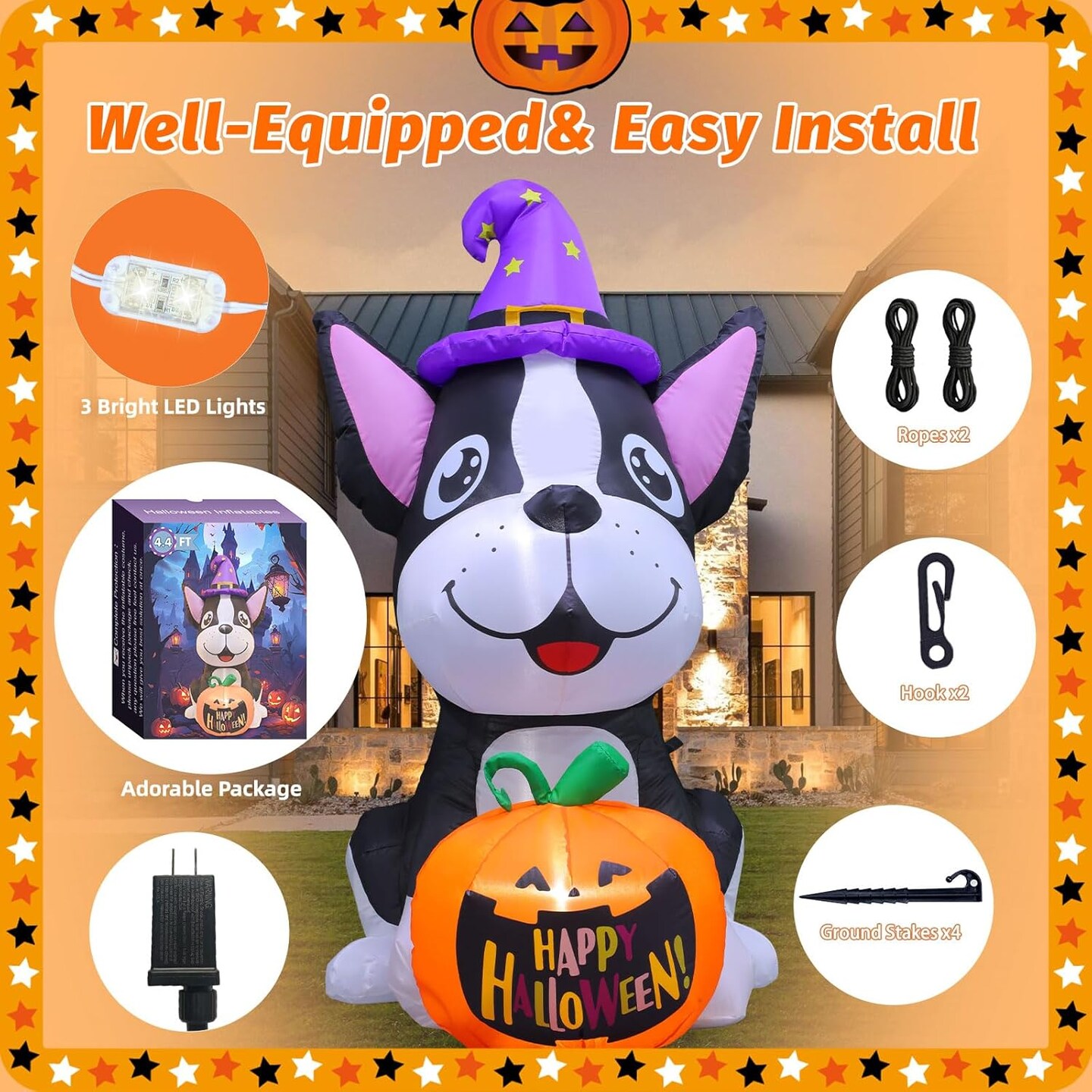 4.4FT Dog Hold Pumpkins Blow Up Yard Decorations(Black Dog &#x26; Orange Pumpkins)