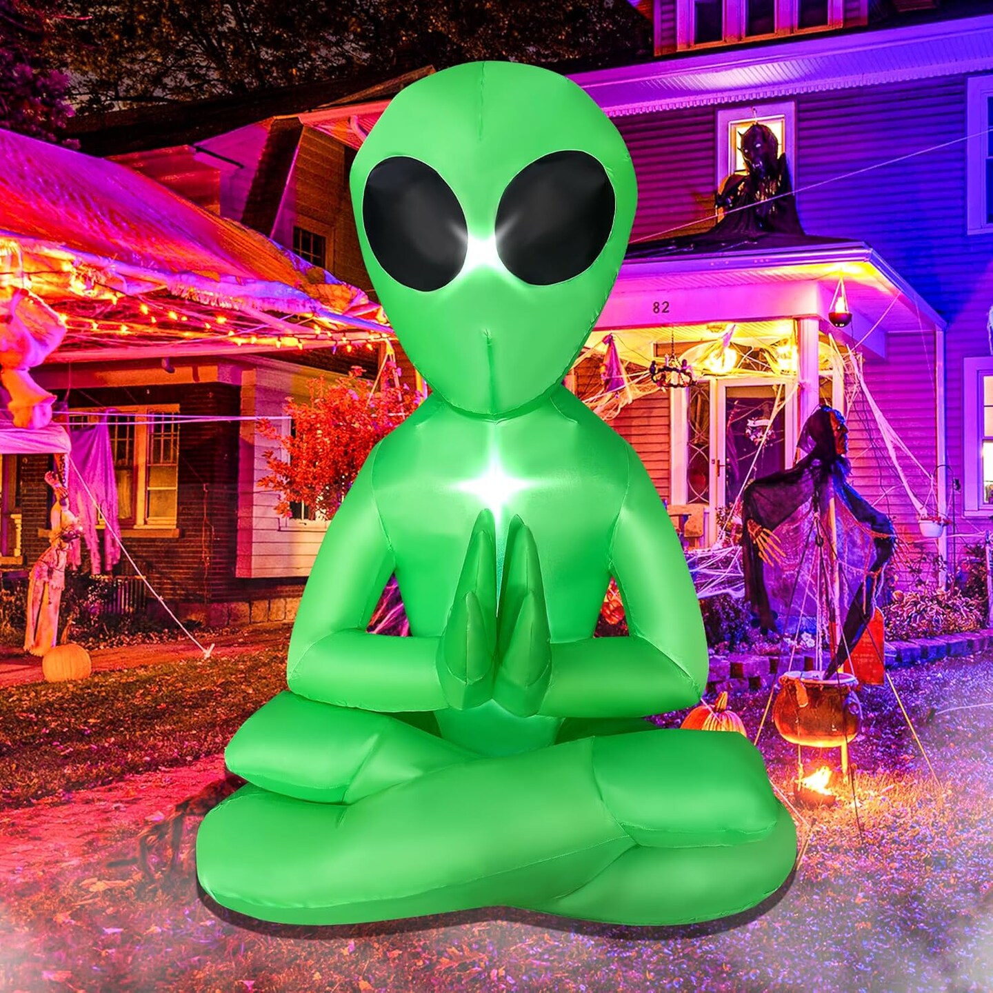 5 Ft Meditating Alien Blow Up Inflatables Yoga Alien Halloween Decorations with Build-in LEDs