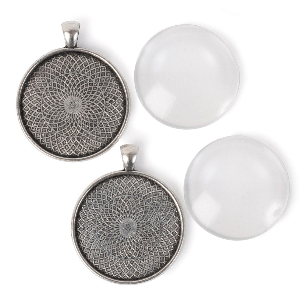 Picture Frame Pendants - Round, Antiqued Imitation Silver, for 35mm Pictures - Set of Two