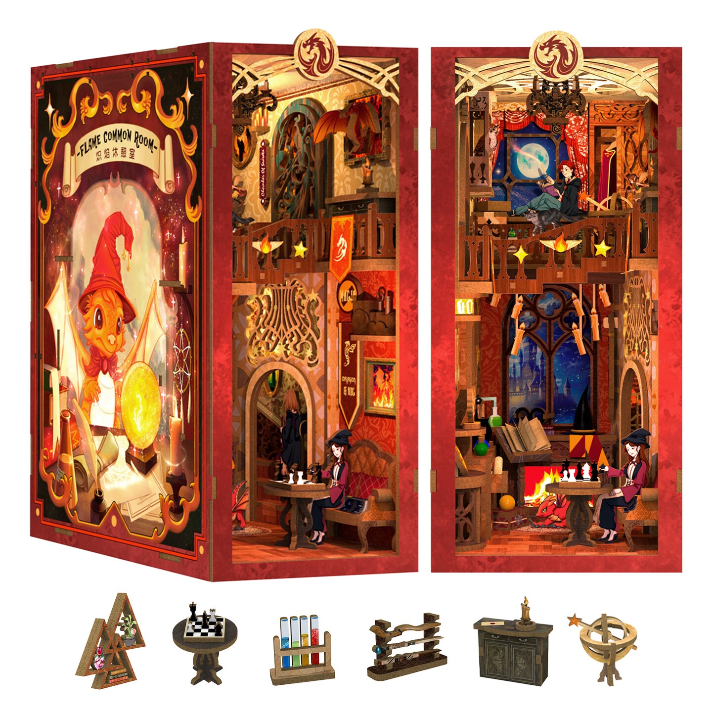 CUTEBEE Book Nook Kit Flame Common Room DIY Miniature House Shelf Insert Decor Diorama Kit