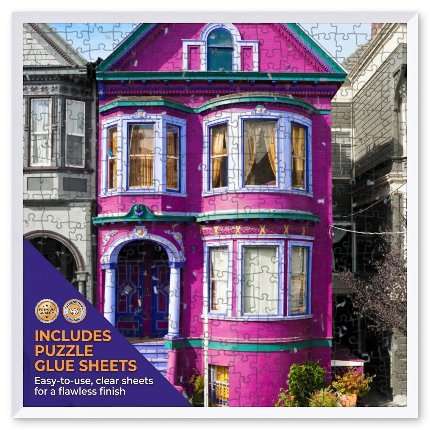 CustomPictureFrames.com Solid Wood Round Mat Puzzle Frame - Multiple Sizes - Black Precision-Cut Mat - Adhesive Preservation Sheets - Assembled in USA Made in the USA