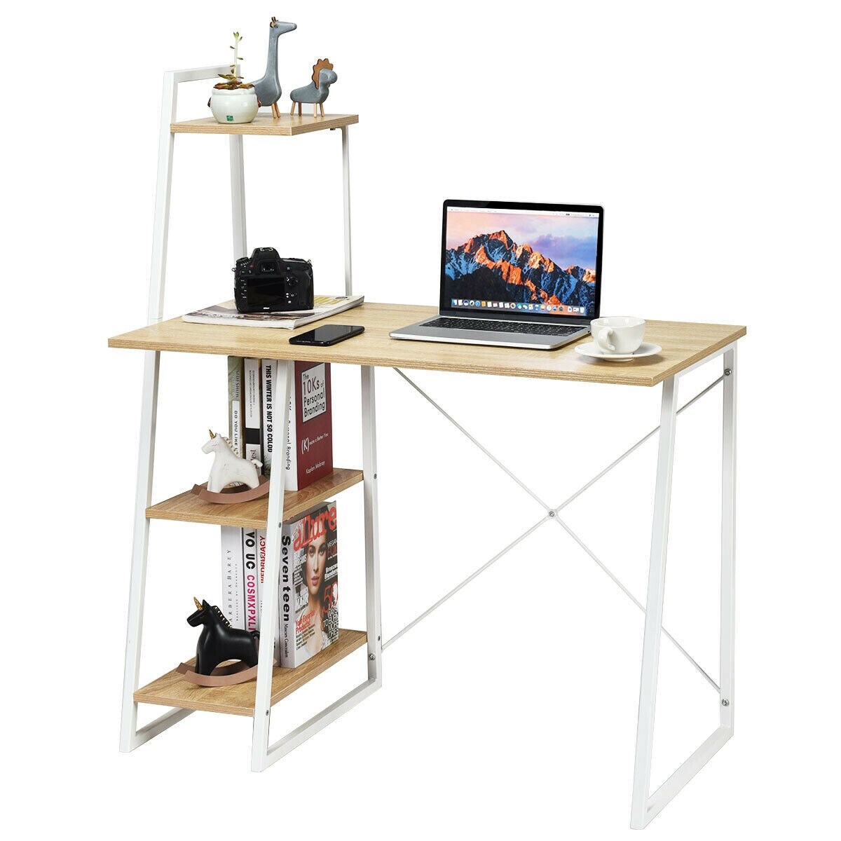Natural White Computer Desk 4-Tier Particle Board Iron Frame X Design