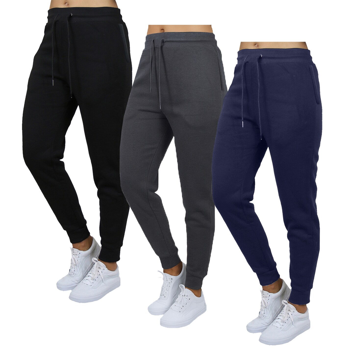 Galaxy by Harvic 3-Pack Women's Loose Fit Fleece Jogger Sweatpants With Sizde Zipper Pockets