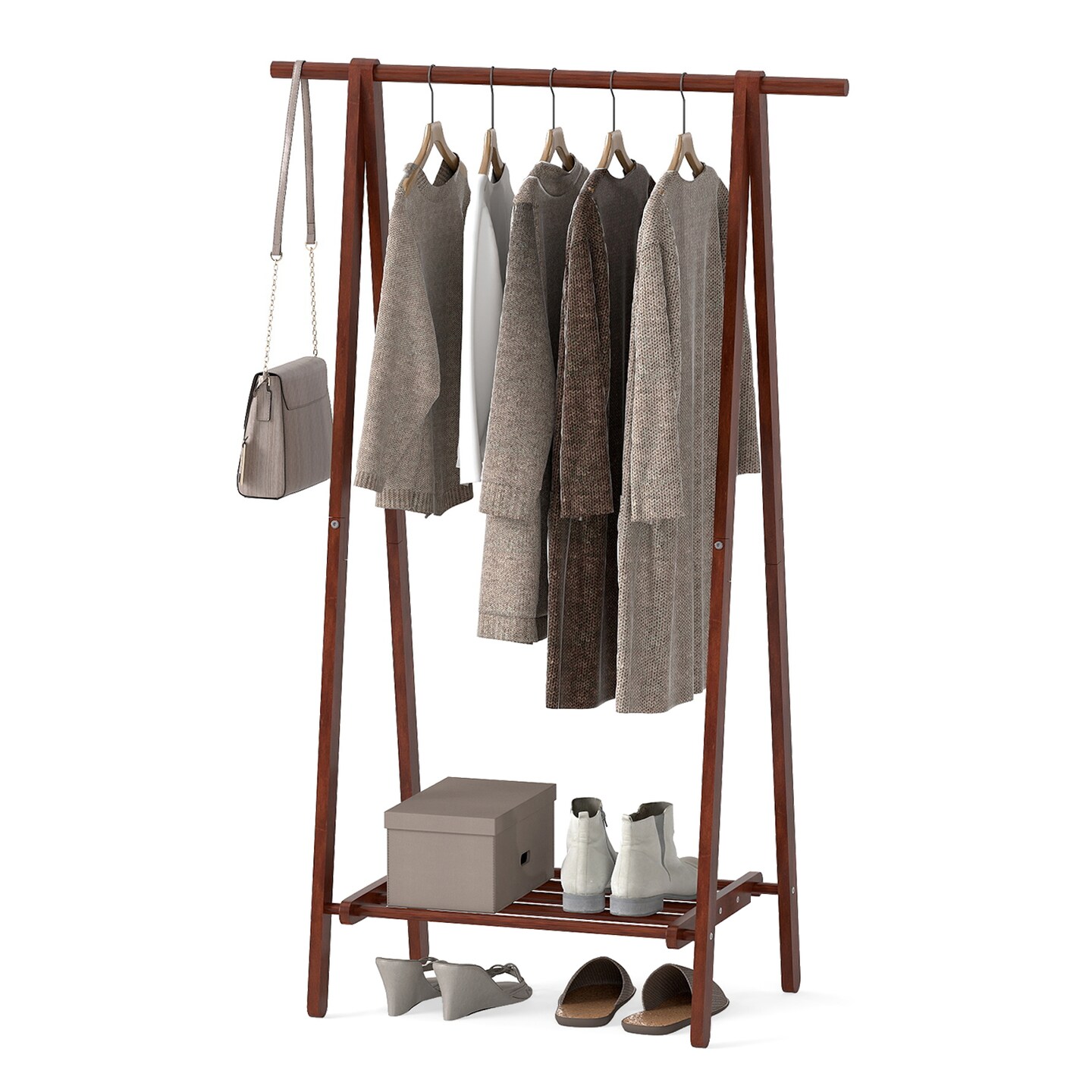 Folding Coat Rack Rubber Wood Standing Clothes Rack with Shelf Walnut