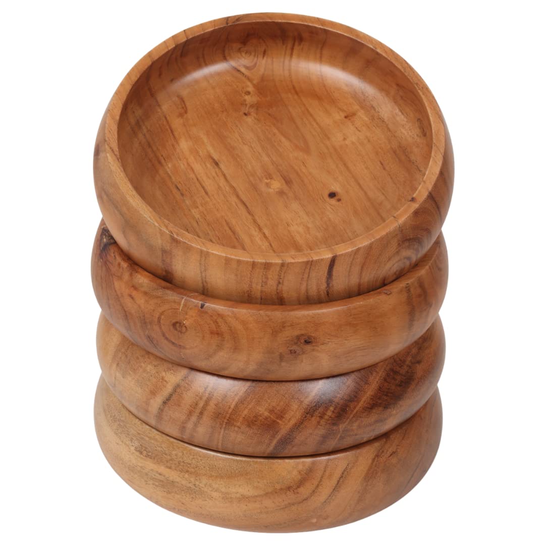Set of 4 acacia wood bowls 8 x 2 inches (25 oz) with Food safe wood coating | Jointless plates type wood bowl for food | Wooden salad bowls set