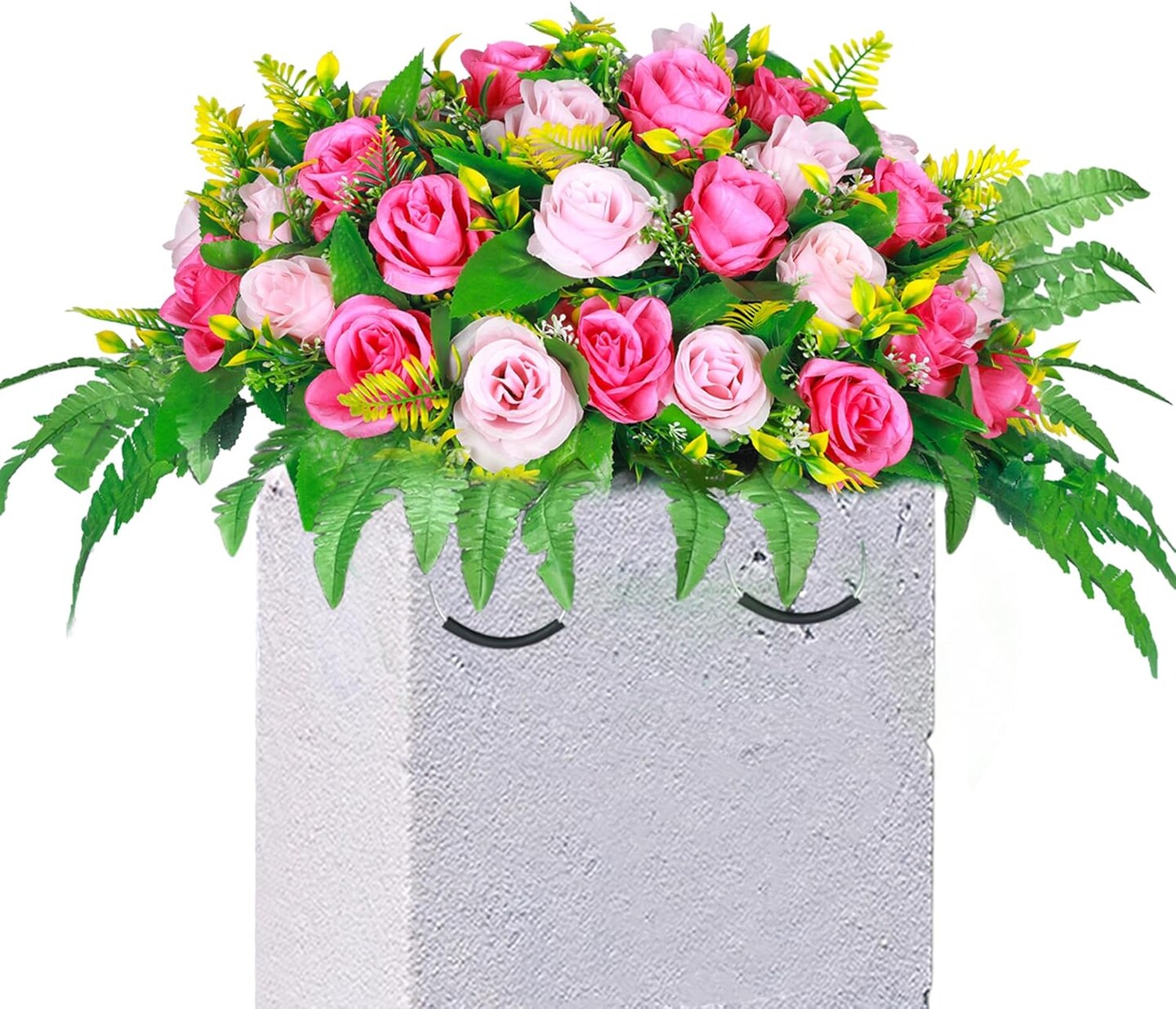 Artificial Cemetery Flower Saddle – Pink & Red Silk Rose Memorial Bouquet, Graveyard Headstone Decoration for Outdoor Tombstones