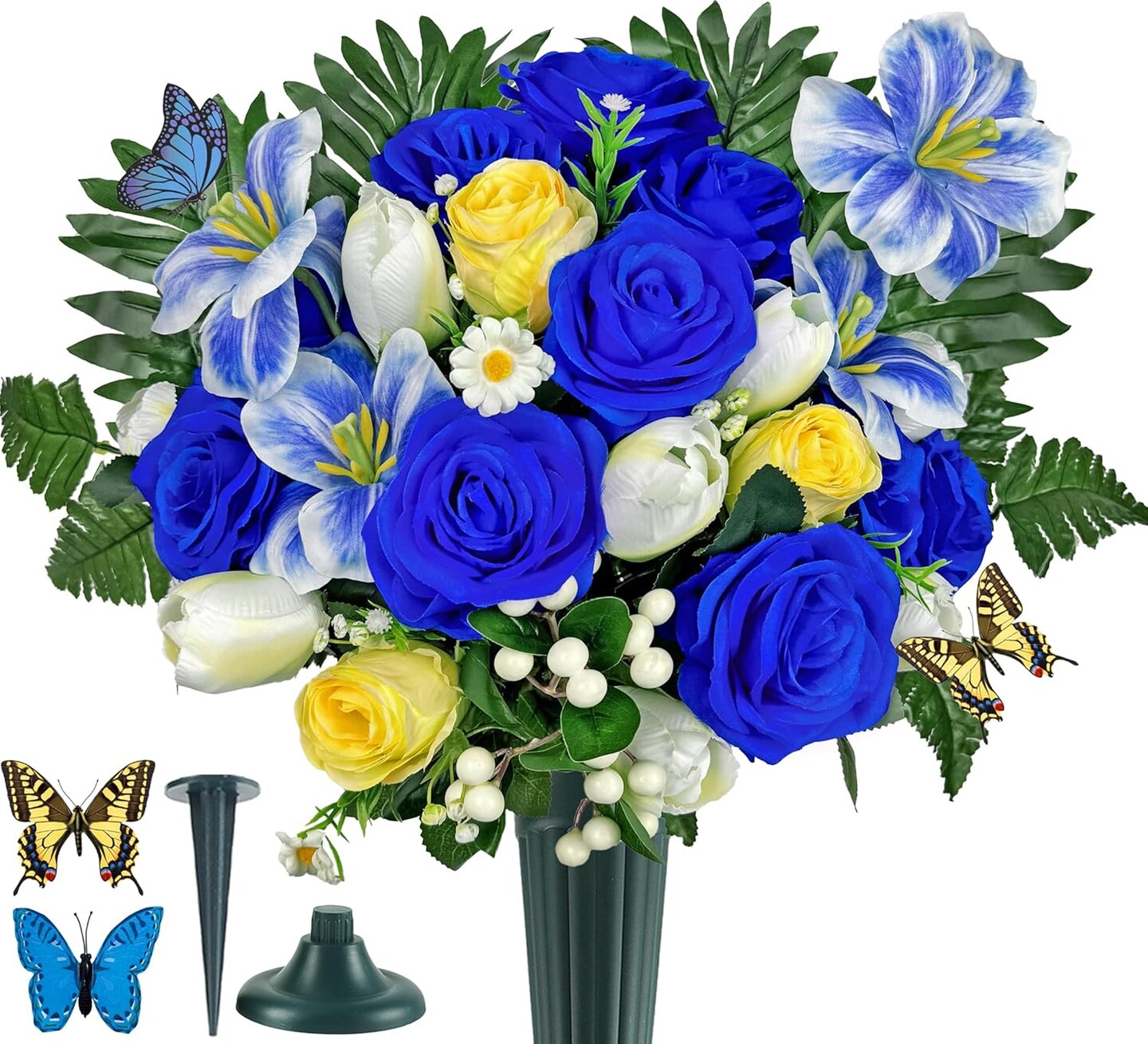 Artificial Cemetery & Memorial Flowers with Vase – Blue Silk Rose & Tulip Gravesite Bouquet, Outdoor Headstone Decoration, Weather-Resistant Memorial Arrangement