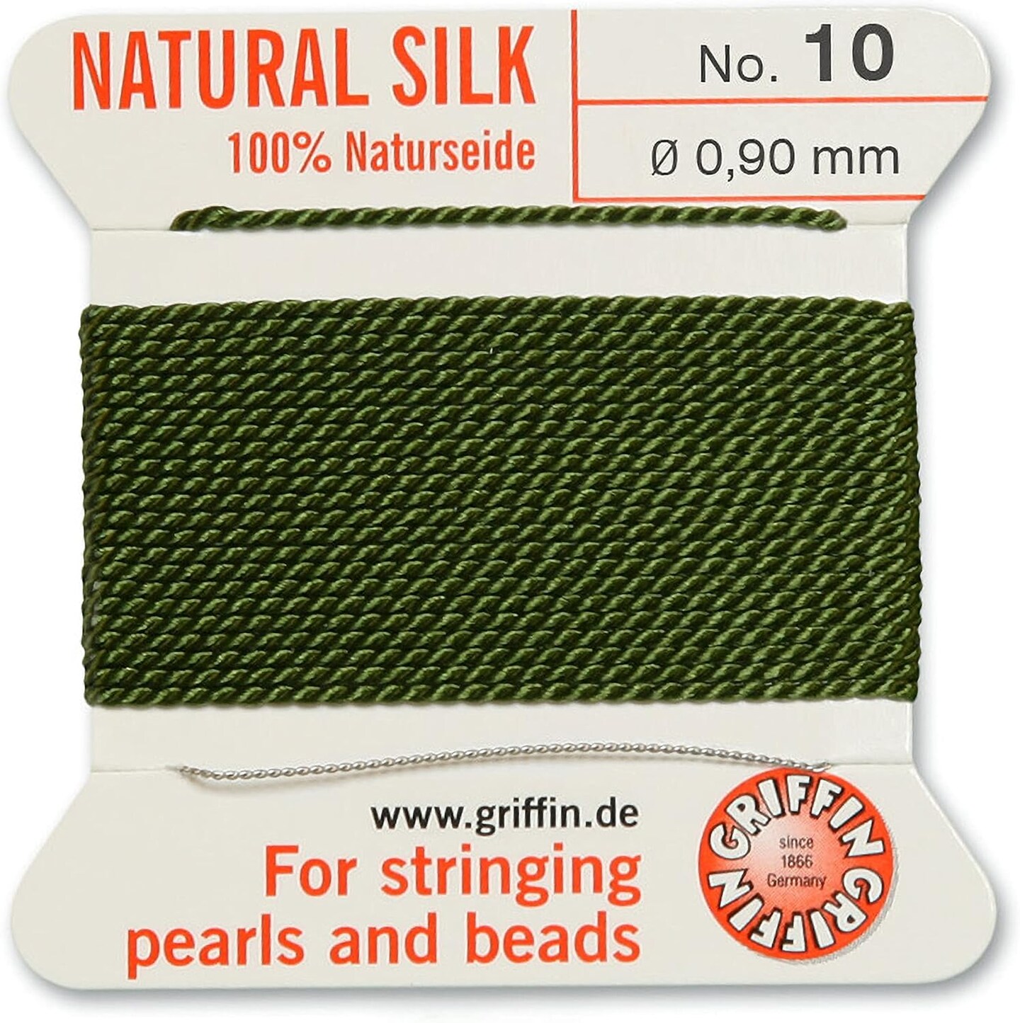 Griffin Silk Bead Cord Perlseide – Size 10 (0.90mm) – 2 Meters per Card – Stainless Steel Needle Attached – for Knotting Pearls, Gemstones, Crystals and Beads