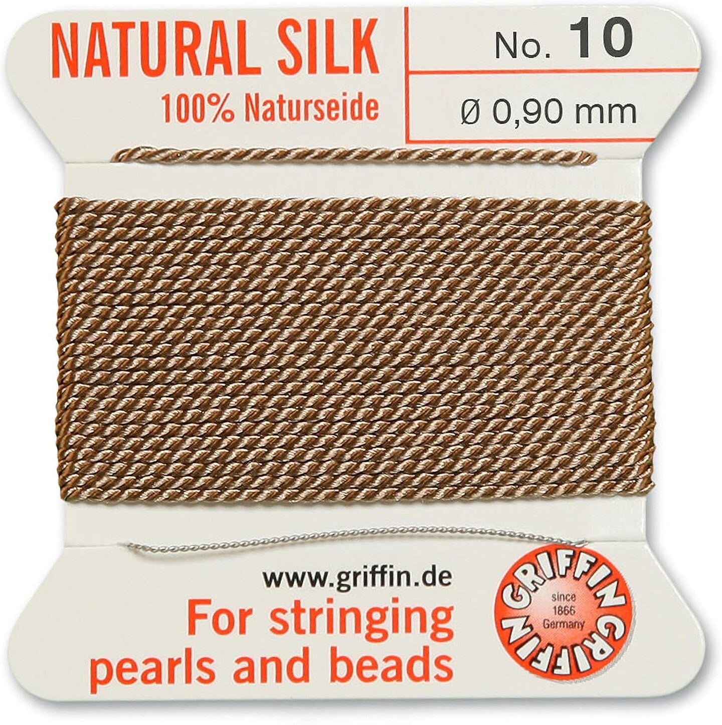 Griffin Silk Bead Cord Perlseide – Size 10 (0.90mm) – 2 Meters per Card – Stainless Steel Needle Attached – for Knotting Pearls, Gemstones, Crystals and Beads