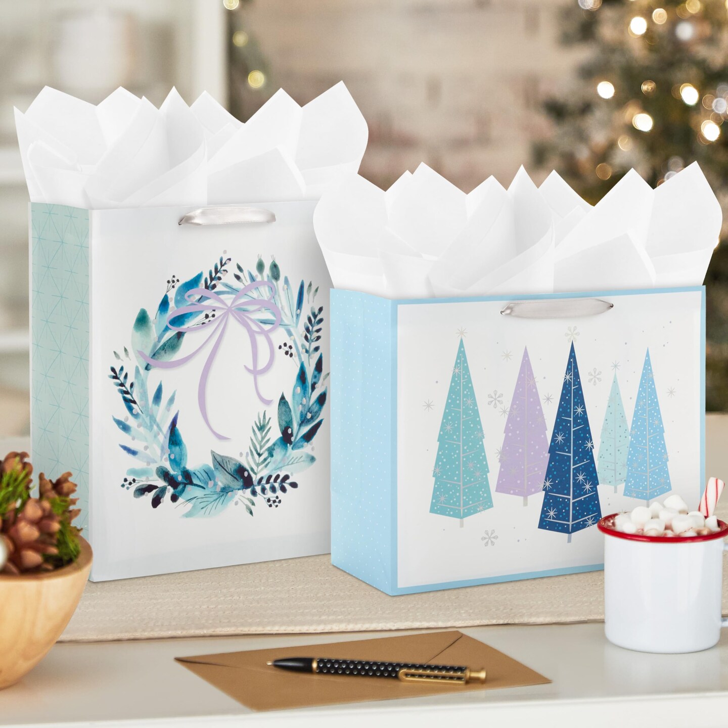 13" Large Gift Bag Bundle (3 Bags: 2 Vertical, 1 Horizontal) Watercolor Winter Wreath, Trees, Joy in Lavender, Sage Green, Light Blue, Silver