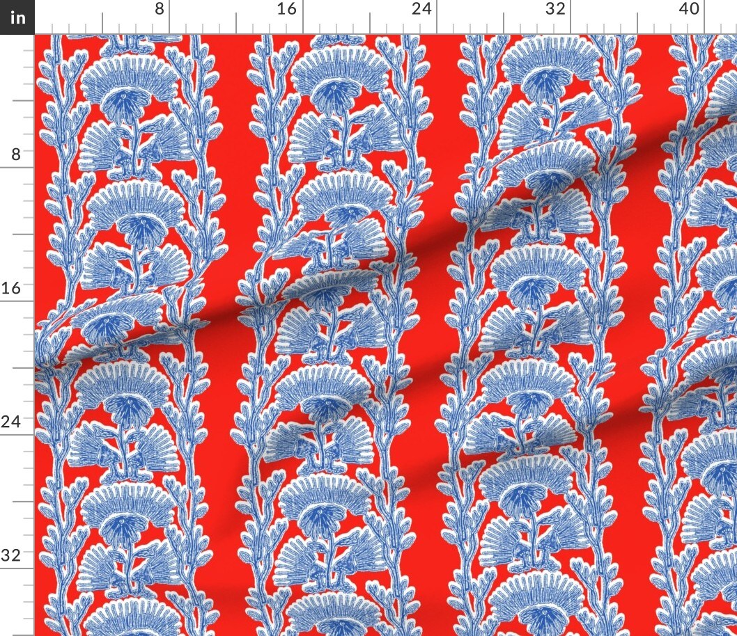 Block Print Red Blue Abstract Botanical Modern Floral Stripes Vibrant Boho Custom Printed Fabric by Spoonflower Various Fabrics by the Yard or Fat Quarter