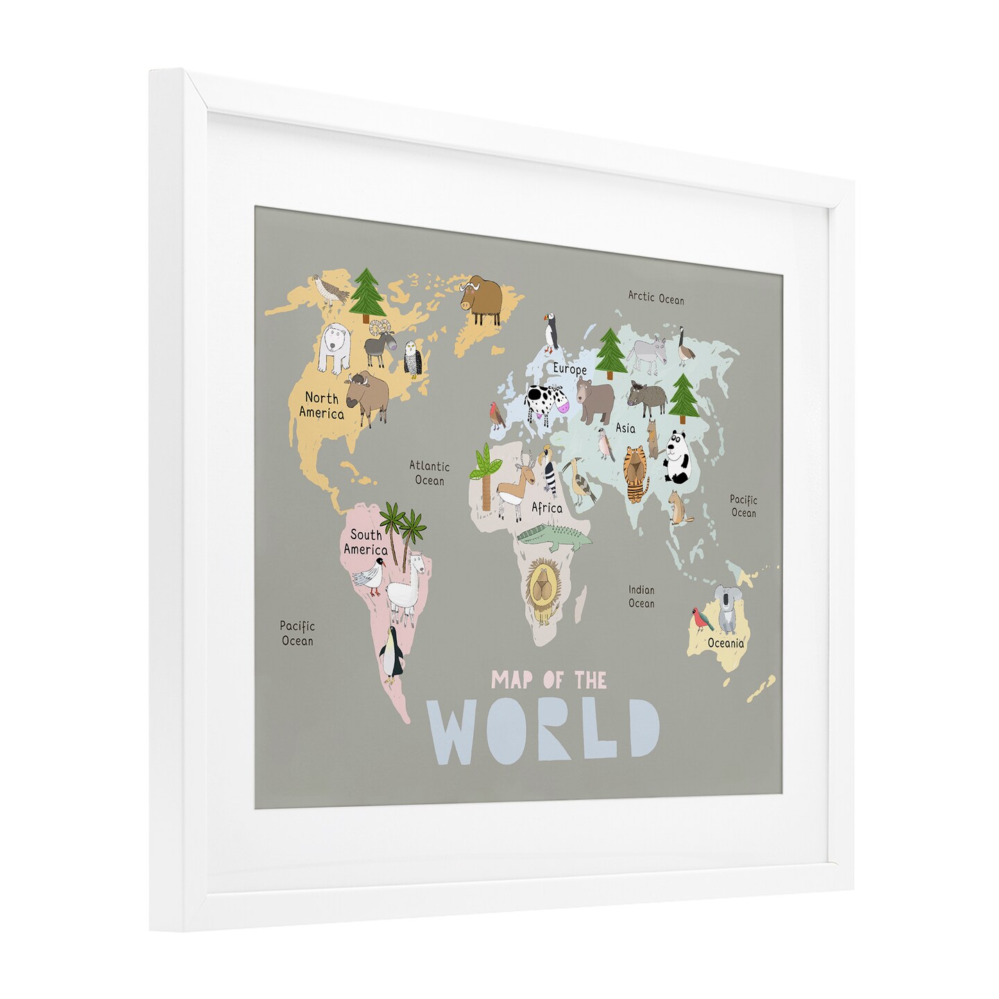 Stupell Industries Kid's Map Of World Grey Framed Print Under Glass, design by Carla Daly