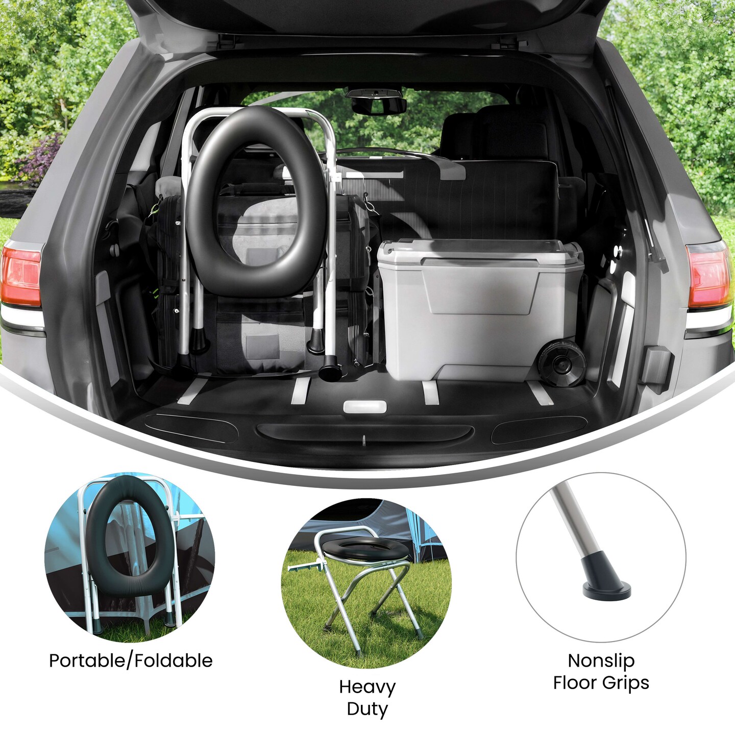 Emma and Oliver Ramsey Folding Travel Toilet with Cushioned Seat and Stainless Steel Frame with Non-Slip Rubber Feet and Included Tissue Holder