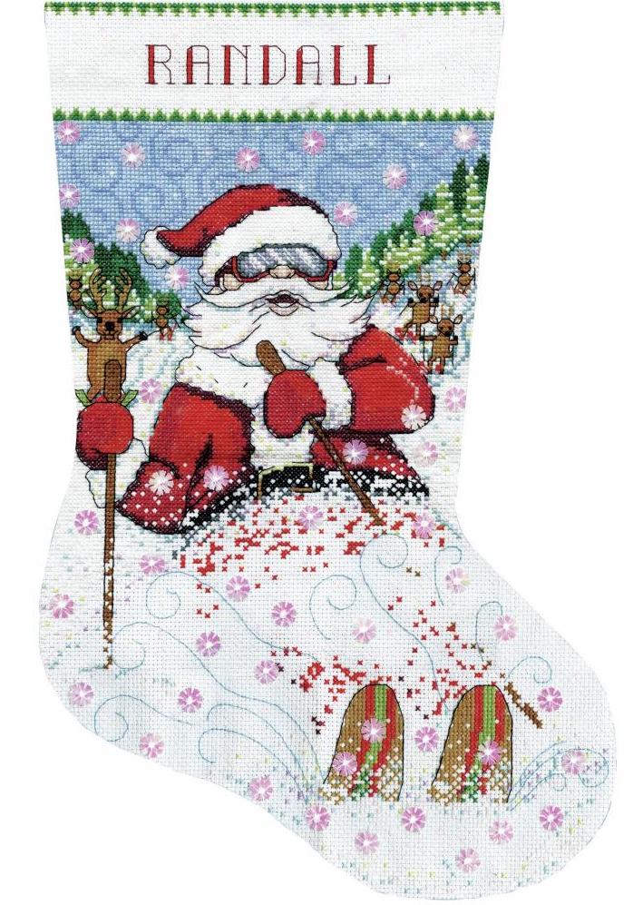 DIY Design Works Skiing Santa Christmas Counted Cross Stitch Stocking Kit 6856