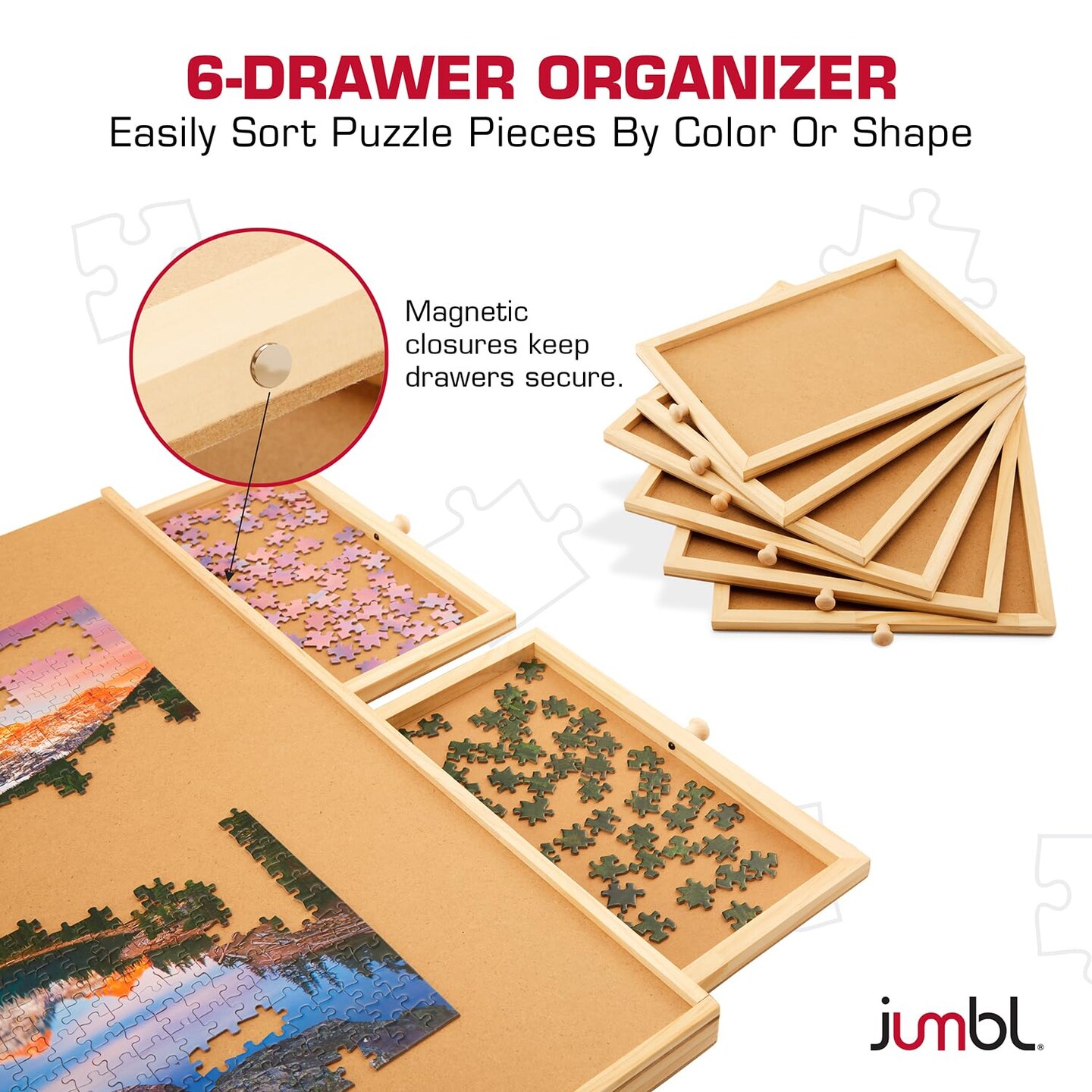 Jumbl Puzzle Board with Drawers, Lazy Susan & Cover - Rotating Wooden Jigsaw Puzzle Table
