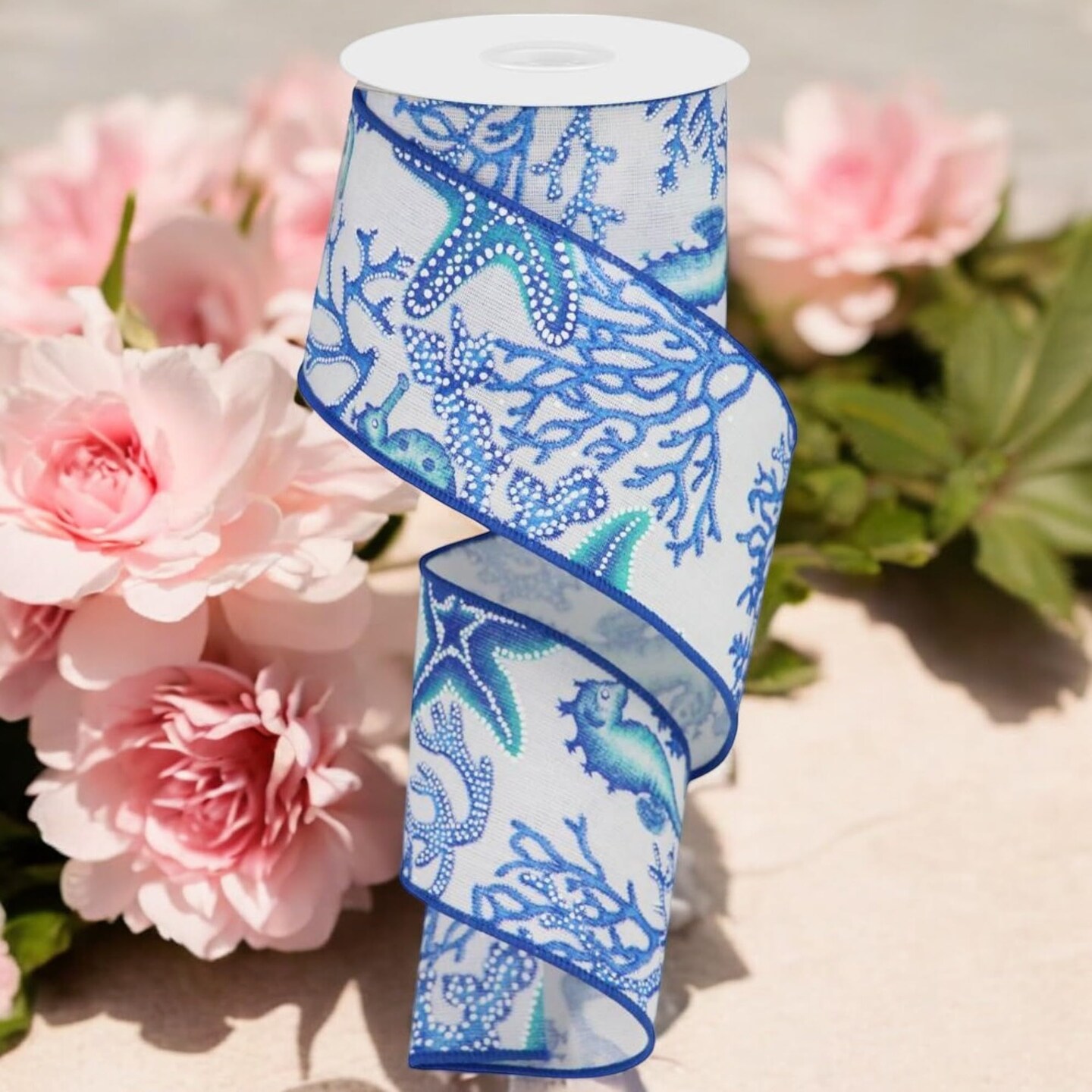 RG Ribbon: 2.5" Ocean Themed Wired Ribbon with Seahorses and Starfish, 10 Yards For Bows, Wreaths, Crafts and Decorations - Summer, Nautical