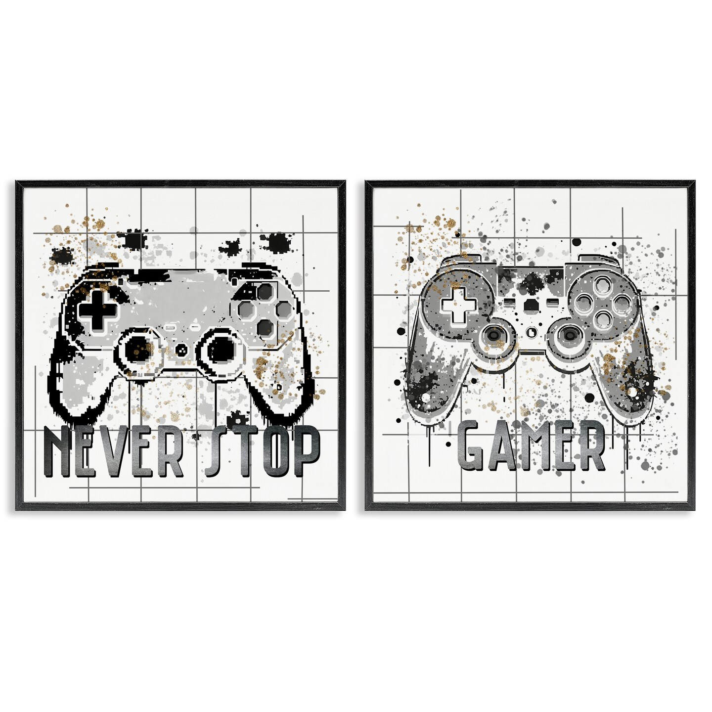 Stupell Industries Gamer Words with Modern Pixels 2pc Framed Giclee Set, design by Kim Allen